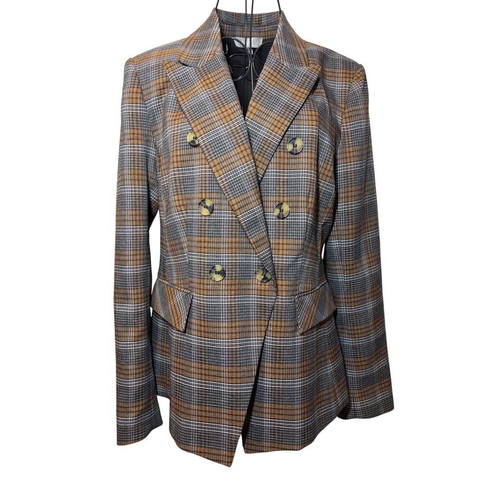 Marled Reunited Clothing Womens Brown Grey Plaid Double Breasted Blazer - Large